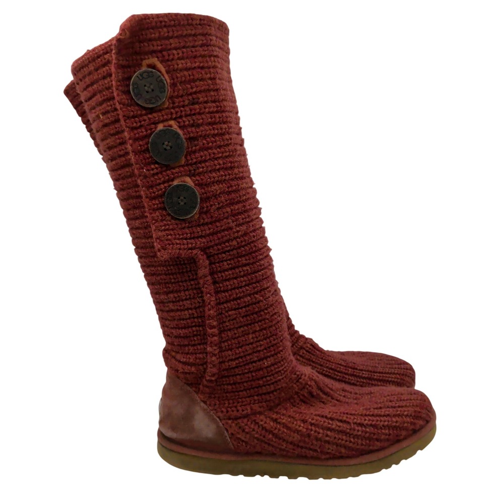 UGG Australia Lattice Cardy 5819 Red Knit Tall Button Boots Womens 9 Sheepskin